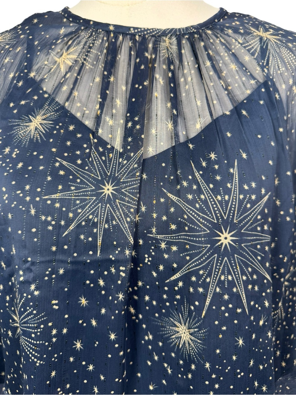 LOFT NWT Celestial Shimmer Peplum Ruffle Sleeve Top Navy & Gold Size S - Picture 2 of 10